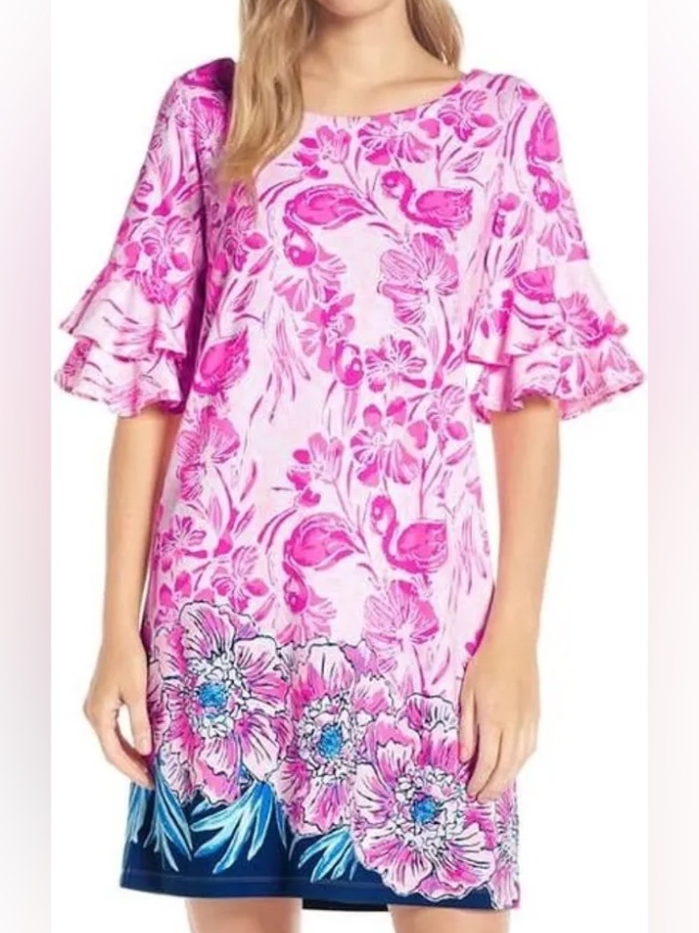 Lilly Pulitzer Lula Flamingle Flamingo Shift Dress Ruffle Sleeve SZXL Vacay